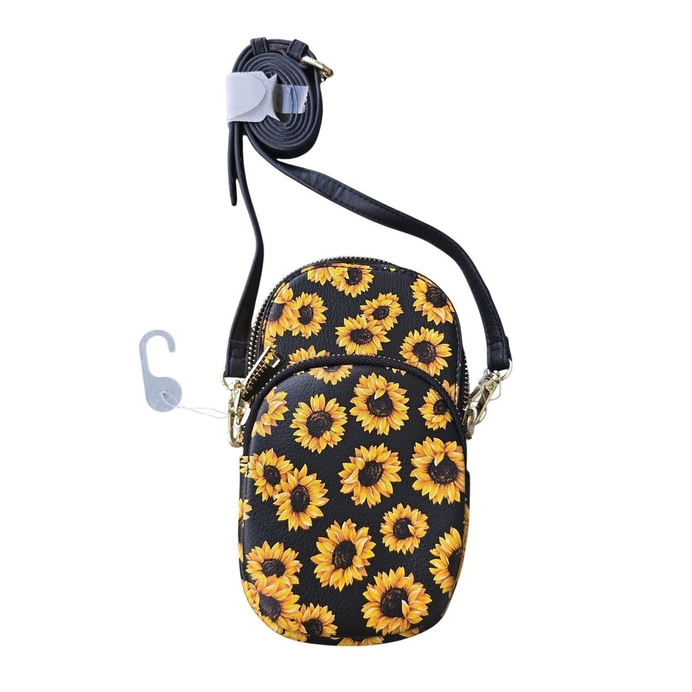 Sunflower Print Crossbody Phone‎ Bag Black Faux Leather Floral Small Purse E3